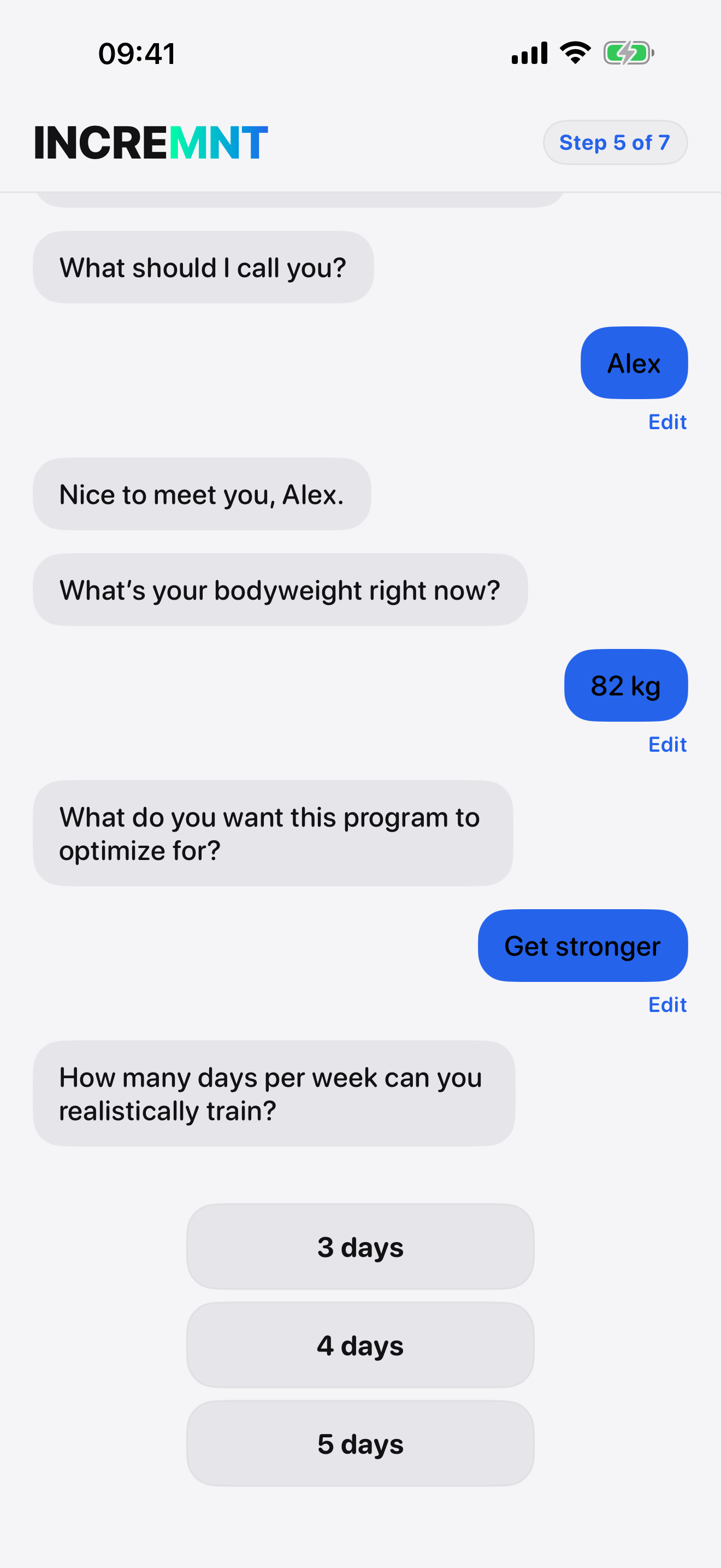 INCREMNT guided programme setup with the athlete's real training preferences
