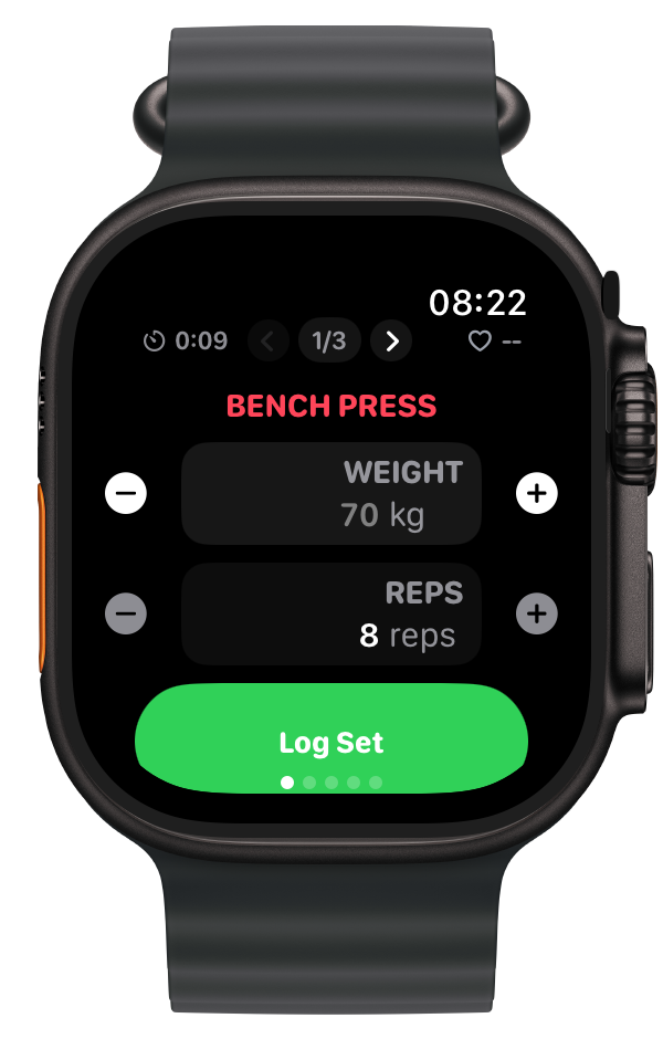 INCREMNT on Apple Watch logging an active set with muscle colour and current targets