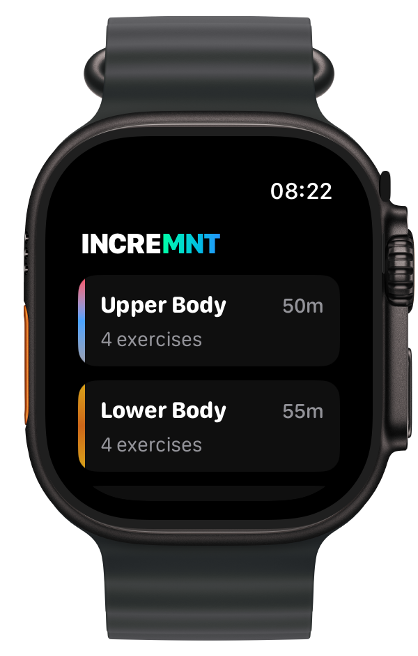 INCREMNT on Apple Watch showing a multi-day workout plan with four exercises per session